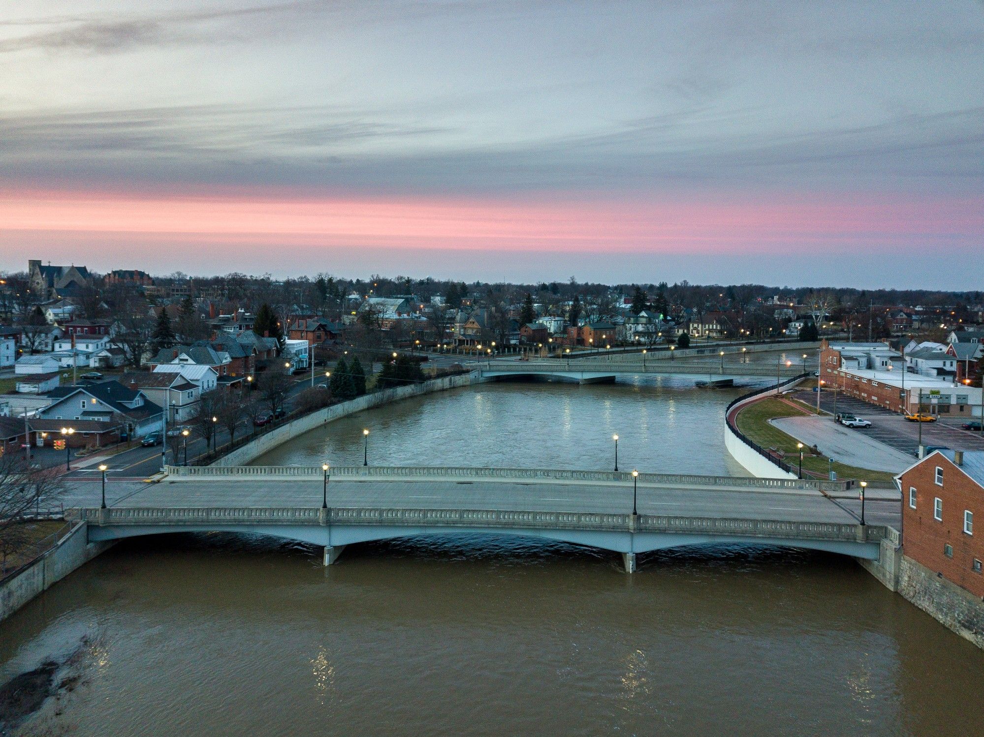 arial view or the sandusky river with a sunset